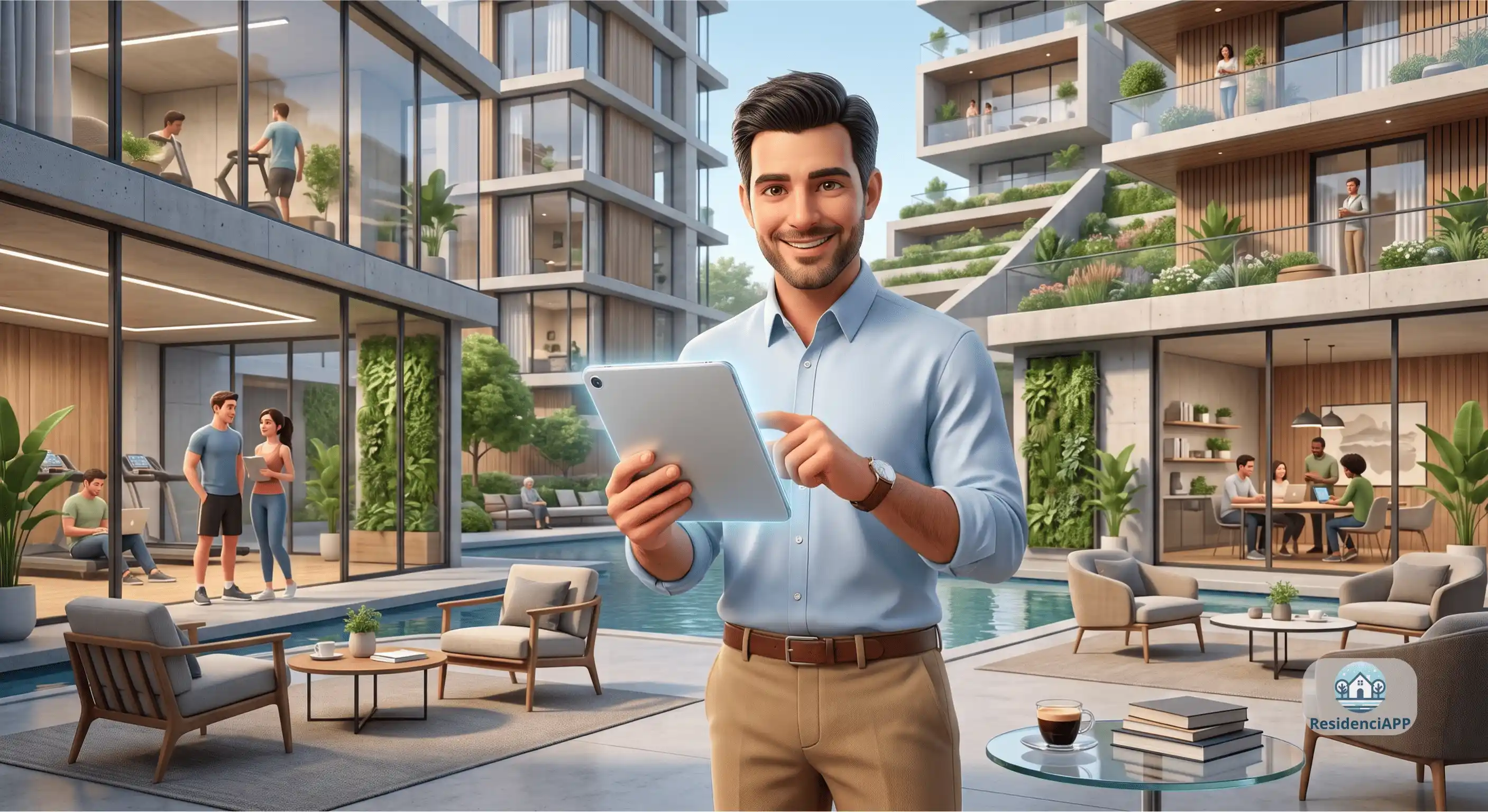 Presidente de la comunidad sonriente en el portal de su edificio sosteniendo una tableta digital