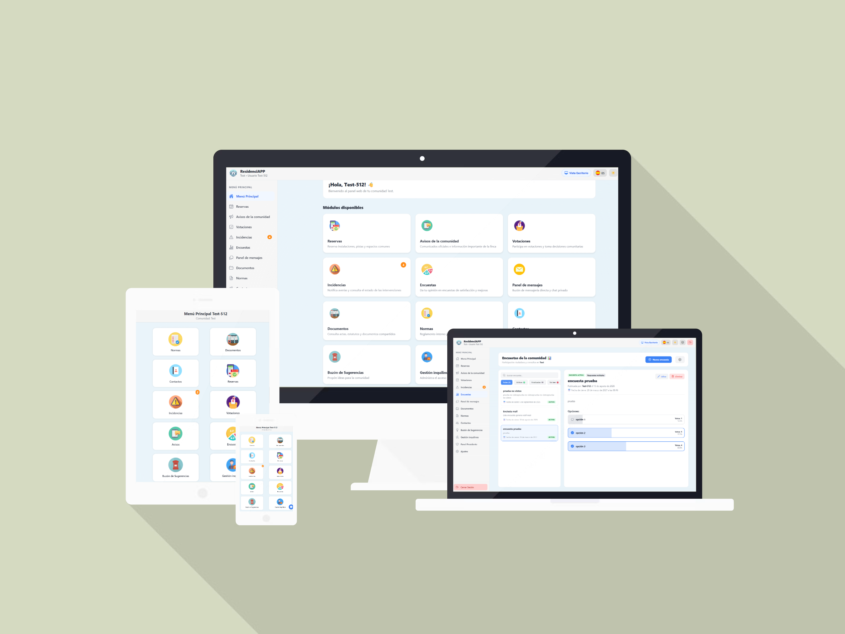 Interfaz de ResidenciAPP en móvil, tablet, ordenador de sobremesa y portátil